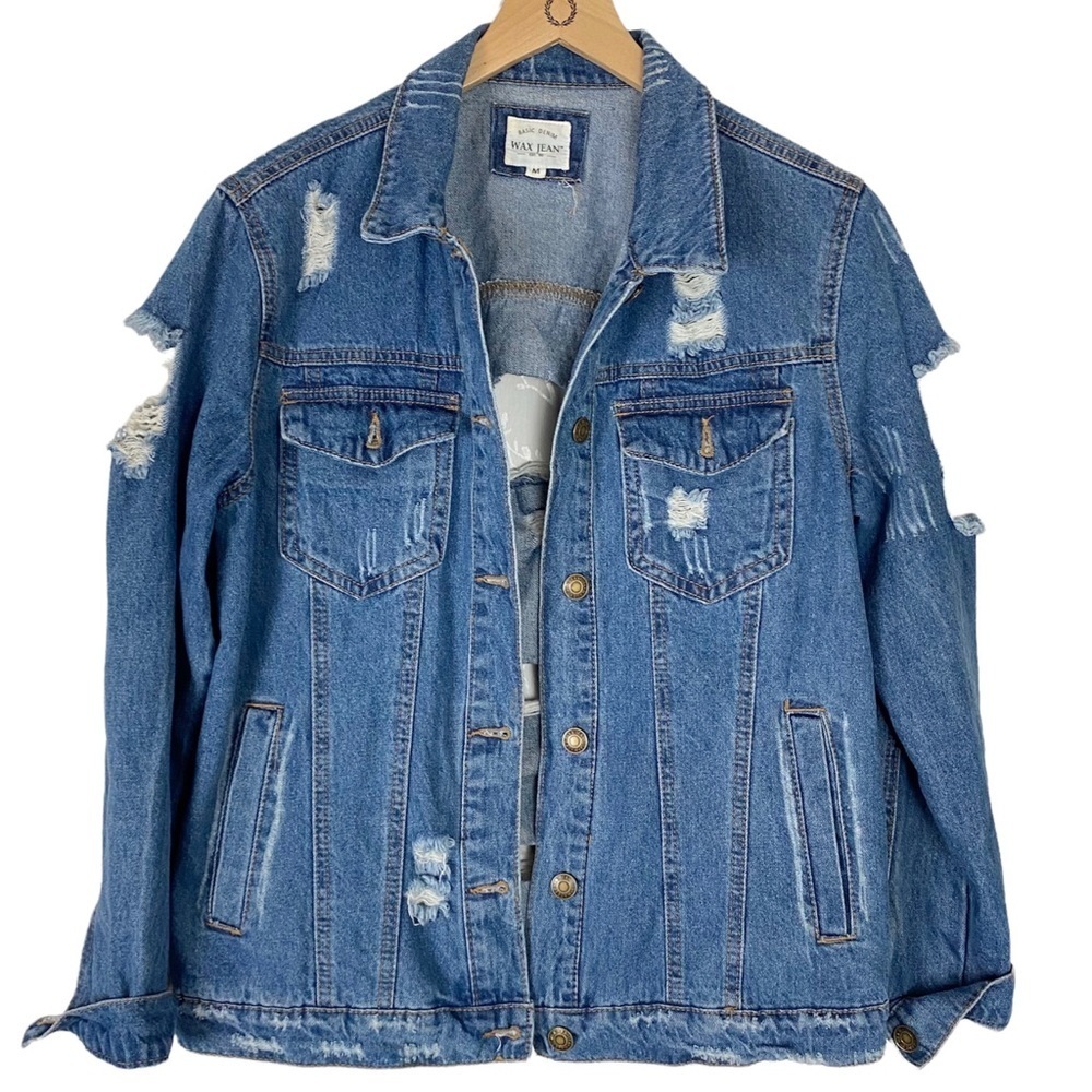 WAX JEAN Destroyed Denim Jean Jacket 100% Cotton Medium Distressed